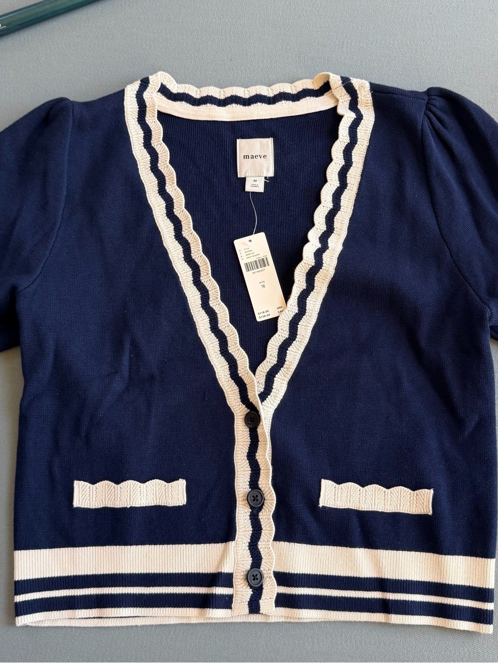 Maeve Navy Cardigan with Cream Scallop Trim